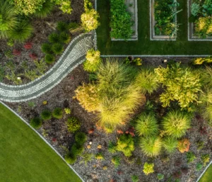 Aerial view of well landscaped yard