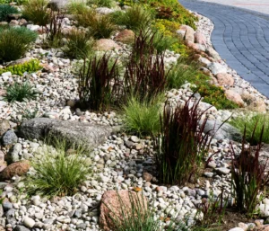 gravel rock garden with stone path