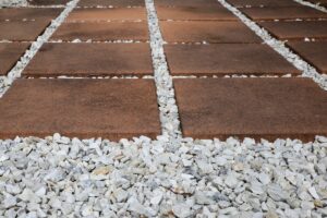 Paving Pebble Patio in rows, selective focus